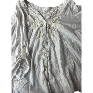 White Embroidered V Neck Roll Tab Sleeve Top XXL cottagecore boho peasant
